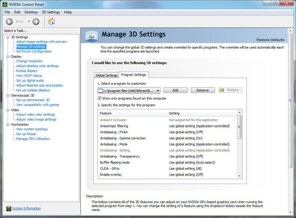 Manage 3D Settings window